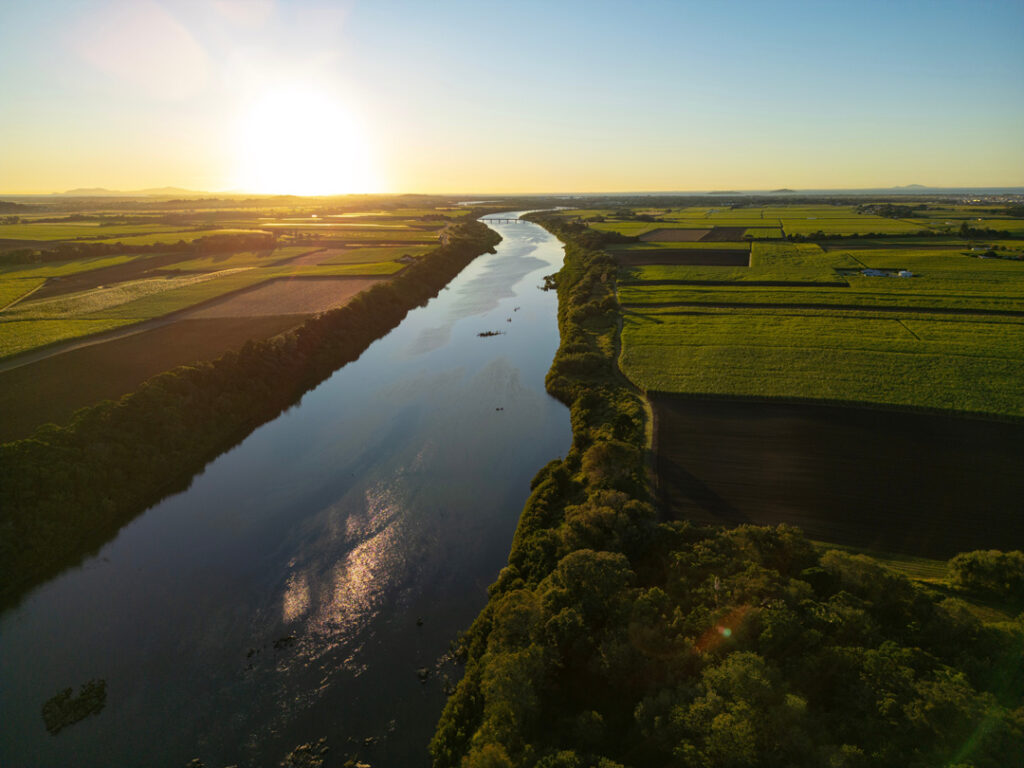 Aerial sunrise photos of a river winding through cane fields in north Queensland.